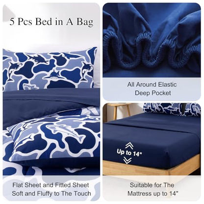 Meeting Story Twin Camo Bedding Set 5 Piece for Boys, Ocean Camo Comforter Set with Shark & Whale, Soft Lightweight All Seasons Kids Bedding Set(Navy,Twin)