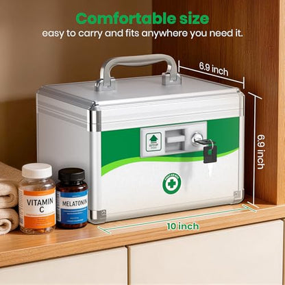 Medicine Lock Box with Keys, Small 10x6.9x6.9in, Aluminum Child-Safe Lock | Child-safe key lock, sturdy aluminum frame, anti-slip base, removable ABS tray, rust-proof handle, reinforced edges - size: Small-10inch