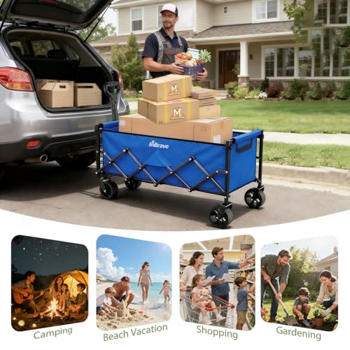 Extra Long Collapsible Wagon Cart, 480LBS Heavy Duty Utility Wagons with All-Terrain Wheels, Foldable Grocery Carts for Gardening, Shopping, Beach, Camping, Royal Blue - color: Royal Blue