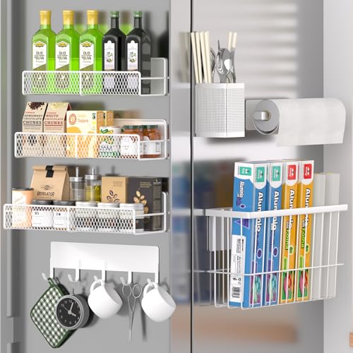 Magnetic Spice Rack for Refrigerator, 7 Pack 100% Metal Strong Magnet Shelf, Spice Organizer W/ Paper Towel Holder, Hook Rack, Utensil Caddy & Cutting Board Holder, Home Kitchen Organization (White) - color: White, style: Large 7 Pack