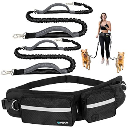 PetAmi Hands Free Dog Leash, Dog Running Leash Belt Bag for Walking, Jogging, Dog Waist Double Zipper Pouch with Poop Bag Dispenser, Dual Padded Handles Reflective Bungee Leash, Double (Black) - color: Black, size: 2 Leashes