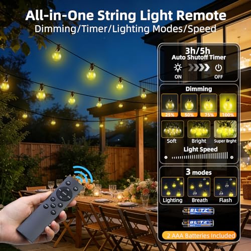 33FT Solar Lights Outdoor Waterproof: G40 10M Shatterproof Bulbs Patio Lights - Solar Powered Remote Control 3 Light Modes Dimmable Solar Light - Camping Backyard Garden Deck Outside Yard - size: 33FT-Remote