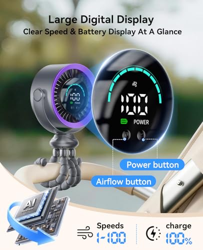 KIMMOO Portable Baby Stroller Fan, 360° Adjustable Quiet Rechargeable USB Fan with LED Display, 100 Speeds Safe Clip Fan for Stroller, Powerful Cooling Fan for Golf Car Seat Treadmill Travel, Grey - color: Grey