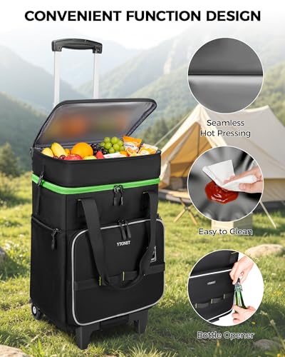 Ytonet 2-in-1 Rolling Cooler with Wheels, 55 Cans/40L Large Insulated Cooler on Wheels with Detachable Top Bag, Leakproof Soft Sided Cooler Bag for Beach, Picnic, Camping, Travel and Grocery，Black