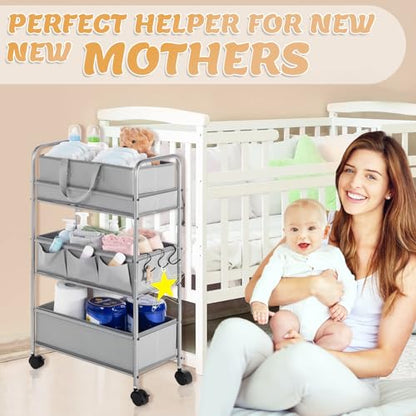 Honeydak 2in1 Baby Diaper Caddy Organizer Cart 3 Tier Large Capacity Metal Utility Bedside Rolling Cart with Divider Newborn Registry Nursery Essential Must Have Crib Bedroom Baby Shower(Gray) - color: Gray