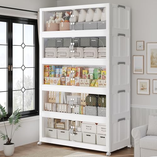150GAL/600QT Plastic Storage Bins with Lids & Wheels, Collapsible Stackable Storage Boxes, Large Folding Cabinet Organizers for Closet Home Kitchen Office, 5Pack White - color: White, size: 30Gal-5Pack