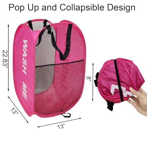 Pop Up Laundry Hamper Collapsible Laundry Basket Mesh Foldable Pink Dirty Clothes Hamper with Handles for Home, Bathroom, Bedroom, Travel, Cruise - color: Pink