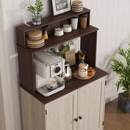 MHOM Farmhouse Bar Cabinet with Storage, Coffee Station Cabinet with 5 Hooks, Small Coffee Bar for Kitchen & Living Room, Antique Oak - color: Oak