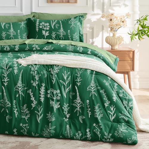 MUXHOMO Emerald Green Full Comforter Set, Elegant Floral Print Bed in a Bag 7 Pieces, Ultra Soft & Breathable Reversible Botanical Pattern Bedding Set with Comforter, Sheets, Pillowcases, and Shams - color: Emerald Green Leaves, size: Full(82"x86")