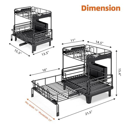 Urackify Dish Drying Rack - Extendable Dish Drainer, Large Dish Rack for Kitchen Counter, Rustproof Dish Strainer with Utensil Holder and Cups Holder, 2 Tier Black