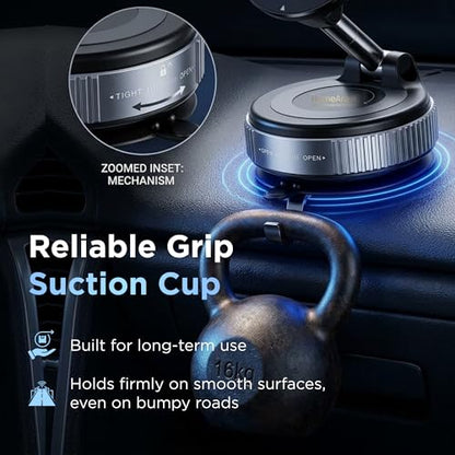 Magnetic Car Phone Holder Mount, 95LB Vacuum Suction Cup Phone Mount, MagSafe Compatible, 360° Adjustable Dashboard & Windshield Holder for iPhone, Samsung & Android
