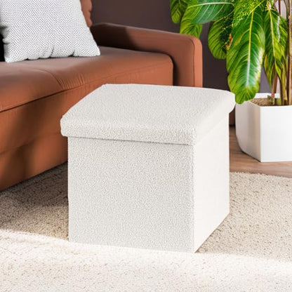 B FSOBEIIALEO Small Storage Ottoman Cube Sherpa Ottomans Foot Rest, Foldable Boucle Ottoman, Faux Teddy Fur, Cream White 15"x15"x15" - color: White, size: 15"x15"x15"