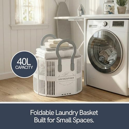 40L Collapsible Laundry Basket with Handles, Durable Space-Saving Storage Basket for Clothes, Utility, Groceries, Toys & Home Organization– White