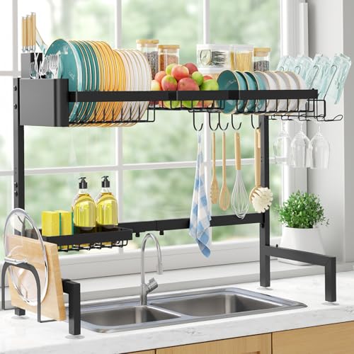 Sakugi Over The Sink Dish Drying Rack - Adjustable 2 Tier X-Large Capacity Stainless Steel Drainer with Cutlery & Utensil Holders, Kitchen Storage & Organization, 31.5"-39.5"L x 12"W x 24.5"H, Black - color: Black, size: Plus - 4 Baskets