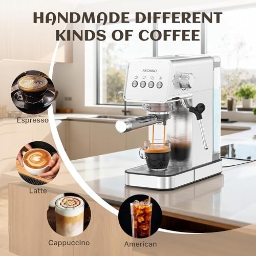 AYCHIRO 20 Bar Espresso Machine, Professional Espresso Machine with Milk Frother, Compact Espresso Maker for Cappuccino and Latte, Removable Water Tank and Drip Tray - color: SS-Silver