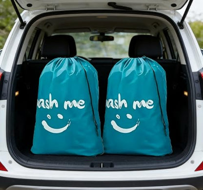 2 Pack XL Travel Laundry Bag, Dirty Clothes Organizer with Drawstring, Large Enough to Hold 4 Loads of Laundry， Easy Fit a Laundry Hamper or Basket，24" x 36" - color: Blue&Blue