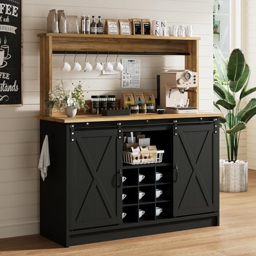 4ever2buy Coffee Bar Cabinet with Storage, 47'' Farmhouse Coffee Bar with Hutch and Sliding Barn Door, Wine Bar with 9 Wine Racks and 6 Hooks for Dining Room, Living Room, Black - color: Black, size: 47Inch