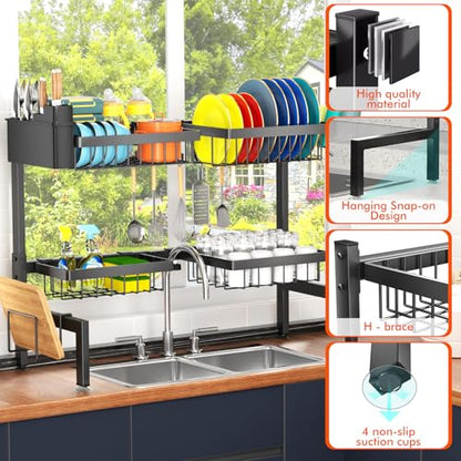 YKLSLH 4 Baskets Over The Sink Dish Drying Rack, Extendable Large Capacity Sink Rack, Metal Drying Rack Saving Space,for Most Sinks (26.57"-35") - color: Black, size: 2 tiers 4 baskets