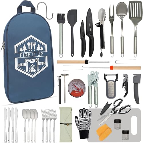 BOMKI Grilling & Camping Cooking Utensils - BBQ & Camp Kitchen Set - Cookware Accessories - Camping Essentials (Blue Pro) - style: Blue Pro