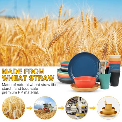 LAERJIN 56 Piece Wheat Straw Dinnerware Sets, Service for 8, Unbreakable Reusable Dinnerware Set,Dishwasher & Microwave Safe Plates and Bowls Sets, for Apartment Essentials, Outdoor Camping, Colourful