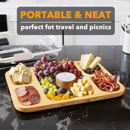 SpaceAid Charcuterie Board with Clear Lid, Portable Travel Cheese Cutting Boards for Picnic Accessories, Bamboo Serving Tray with Lids, House Warming Gifts, White Handles, 5 Compartments - color: White Handles, 5 Compartment