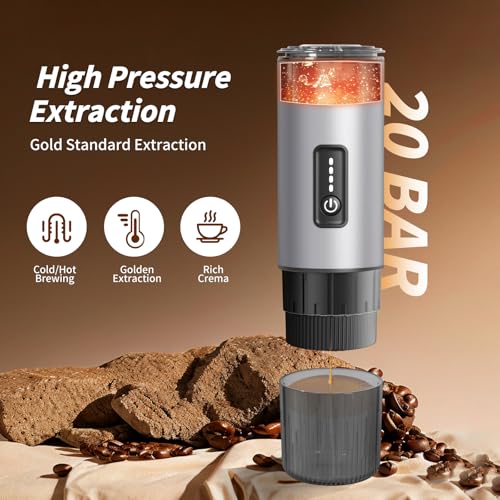 3-in-1 Portable Espresso Maker 20 Bar Self-Heating Stainless Steel Fits Ground Coffee & Nespresso Capsules USB-C Rechargeable for Camping Car Hiking Office - color: Silvery