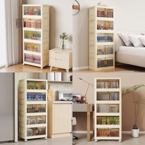 5 Tier Stackable Plastic Storage Bins with Lids 48QT, Collapsible Closet Organizers and Storage with Wheels for Living Room,Office,Dorm - size: 48Qt-5pack