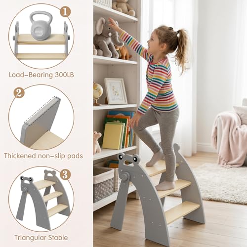 Wooden 3 Step Stool for Kids Bathroom Sink Foldable Anti-Slip, Child Stepping Stool for Kitchen Nursery Bedroom, Sturdy Non Slip Adult Stool for Closet - color: Grey Frog