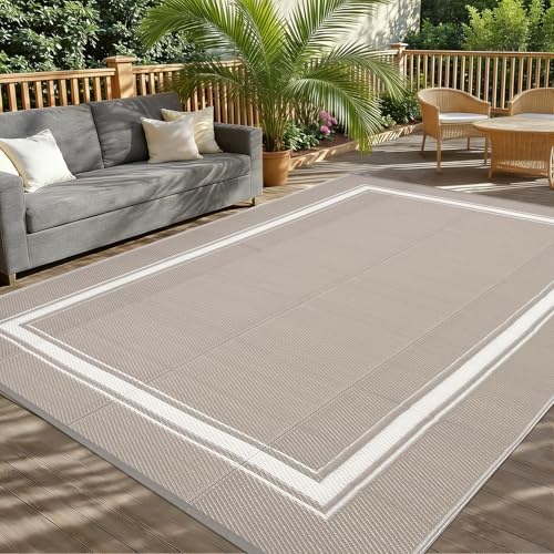Outdoor Rug Waterproof 10x14 Outdoor Carpet Patio Rug Mat Border Reversible RV Camping Rug Plastic Straw Outside Rug for Balcony Porch Deck Picnic Beach，Grey/Coffee - color: Border | Grey/Coffee, size: 10' x 14' (Rectangular)