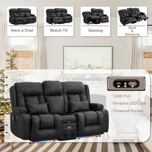 TUNYI Power Loveseat Recliner Sofa with Massage & Heat Home Theater Seating with Console RV Recliner Loveseat Sofa with USB/Storage/Side Pocket/LED Light/Speaker (Black, Loveseat) - color: Black, size: 2 Seat