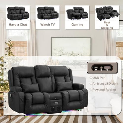TUNYI Power Loveseat Recliner Sofa with Massage & Heat Home Theater Seating with Console RV Recliner Loveseat Sofa with USB/Storage/Side Pocket/LED Light/Speaker (Black, Loveseat) - color: Black, size: 2 Seat
