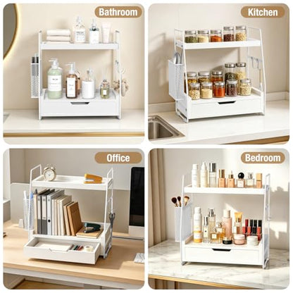 2-Tier Bathroom Counter Organizer with Drawer and Removable Basket, Wood Vanity Countertop Storage for Perfume, Makeup, Skincare, Bathroom Counter Shelf, 13" x 7.9" x 14.5", White - color: White