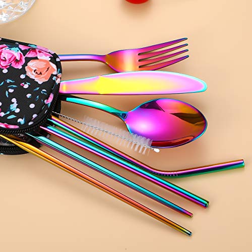 Travel Utensils,Reusable Silverware Set To Go Portable Cutlery Set with a Waterproof Carrying Case for Lunch Boxes Workplace Camping Picnic (Rainbow) - color: Rainbow