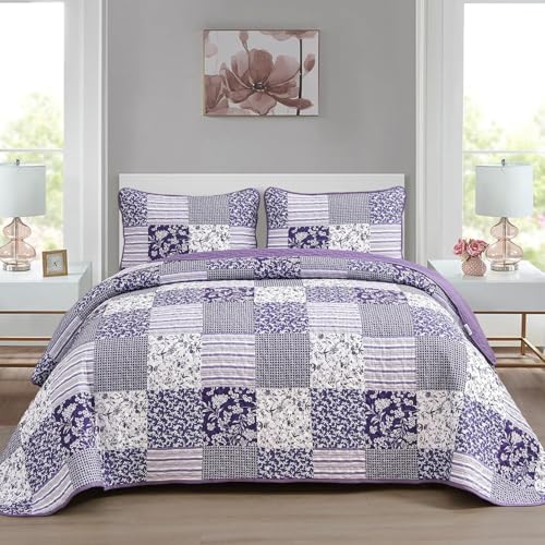 Mybedsoul Purple Quilt Set Twin Size, 2 Pieces Plaid Floral Bedspread Set Patchwork Reversible Bedding Set Microfiber Lightweight Bedspread Coverlet Set for All Season 68"x86" - color: Purple, size: Twin