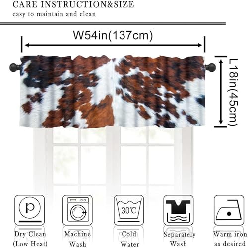 Farmhouse Cowhide Valance, Abstract Brown White Cow Fur Western Animal Skin Print Blackout Short Window Curtain for Kitchen Bedroom Living Room, 54x18inch - color: Cowhide-8