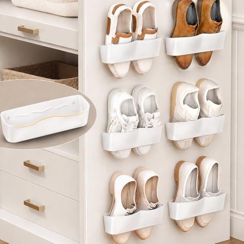 Wall Mounted Shoe Rack, Adhesive & Drill Mount Hanging Shoe Organizer, Plastic Shoe Storage for RV, Camper, Closet & Door, Patent Protected, White-6Pack - color: White