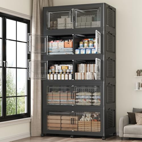 200Gal Stackable Storage Bins with Lid, 800Qt Extra Large Collapsible Storage Box with Wheels, Dividers, Folding Plastic Cabinet Closet Organizers for Home Kitchen Office Dorm, 5Pack Black - color: Black, size: 40Gal-5Pack