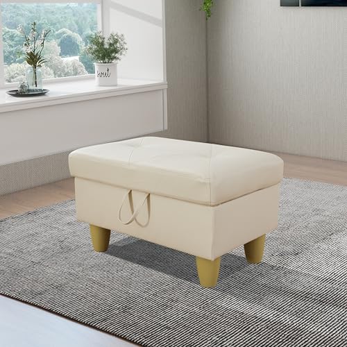 Ottoman, Faux Leather Storage Ottoman Bench, Modern 28.5" Large Square Entryway Bench Ottoman with Storage for Living Room/Apartment/Bedroom/Rv Car,Vanilla White - color: Vanilla White, size: 28.5 inch