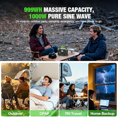 Portable Power Station 1000W, 999Wh Solar Generator, Pure Sine Wave AC Outlet with PD 60W USB-C Fast Charging, Outdoor Camping RV Van Home Backup Off-Grid Living - color: Green & Black