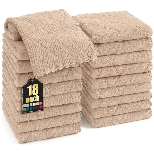 Homaxy 18 Pack Kitchen Dish Cloths (10 x 10 Inches, Tan), Super Soft and Absorbent Coral Velvet Dish Towels, Nonstick Oil Fast Drying Microfiber Cleaning Cloth, No Lint Household Dishcloths - color: Tan, size: 10x10 Inch-18 Pack