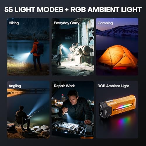 EDC Rechargeable Flashlight 3250 Lumens with RGB Light,55 Modes Multifunctional Flat Flashlight with Floodlight,Spotlight and Magnetic Base,Waterproof USB C Flashlight for Camping,Home,Emergencies - size: Orange