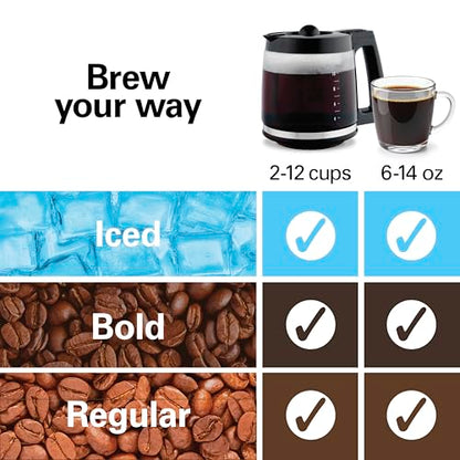 Hamilton Beach 2-Way 12 Cup Programmable Drip Hot and Iced Coffee Maker & Single Serve Coffee Machine, AquaFlow Showerhead, Glass Carafe, Auto Pause and Pour, Black (47500J) - color: Black