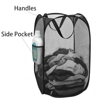 Larpur Popup Mesh Laundry Basket, Collapsible and Portable Clothes Washing Laundry Hamper with Reinforced Carry Handle (Black 2pcs) - color: 2*BLACK