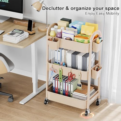 Beige 3 Tier Rolling Cart Metal on Wheels, Three Tiered Storage Organizer Utility Trolley with Wheels for Art, Craft, Baby Diaper Caddy, Snack, Book, Nail, Lash, Cleaning Supplies, Kitchen, Bathroom - color: Light Beige