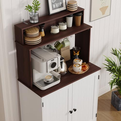 MHOM Farmhouse Bar Cabinet with Storage, Coffee Station Cabinet with 5 Hooks, Small Coffee Bar for Kitchen & Living Room, Antique White - color: White