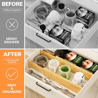BAMEOS Bamboo Expandable Drawer Dividers – Fits 13.3"–19" Drawers, 3" Deep Walls, Set of 4 | Spring-Loaded Separator for Deep Kitchen & Bathroom Drawers, Prevents Items Falling Over - size: 3''H, 13.3''-19''L