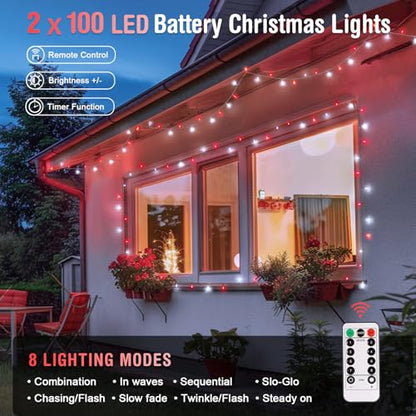 JMEXSUSS 2 Pack Red and White Battery Christmas Lights, Each 33ft 100 LED Battery Powered String Lights with Remote for Tree Patio Yard House Party Birthday Outside - color: Red&White, size: 2*100LED