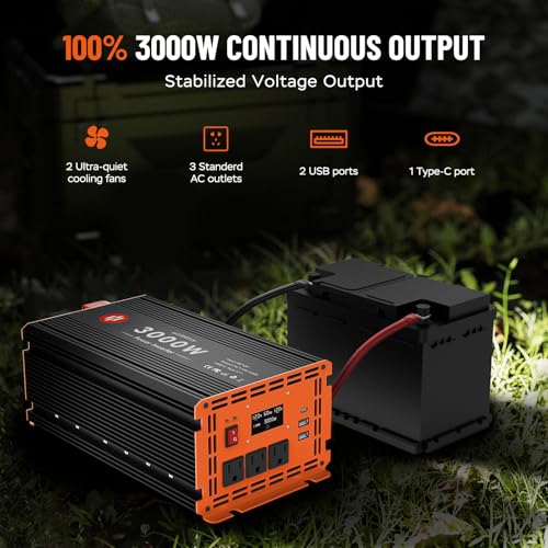 3000 Watt Power Inverter 12V DC to 110V/120V AC Converter Peak Power 6000W Car Inverter with LCD Display 3 AC Outlets, 2 USB & Type-C Port for RV,Truck,Off-Grid Solar System with Remote Controller