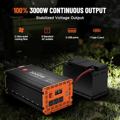 3000 Watt Power Inverter 12V DC to 110V/120V AC Converter Peak Power 6000W Car Inverter with LCD Display 3 AC Outlets, 2 USB & Type-C Port for RV,Truck,Off-Grid Solar System with Remote Controller