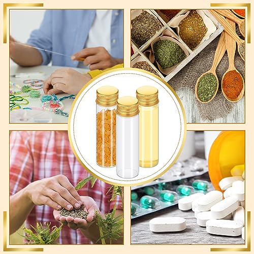 Didaey 100 Pcs Small Clear Vials Spice Mini Jars with Lids Mini Glass Bottles with Screw Aluminum Metal Caps Tiny Jars Sample Containers for Powder Cream Cosmetic Jewelry Wedding (20 ml,Gold Caps) - color: Gold Caps, size: 20 ml